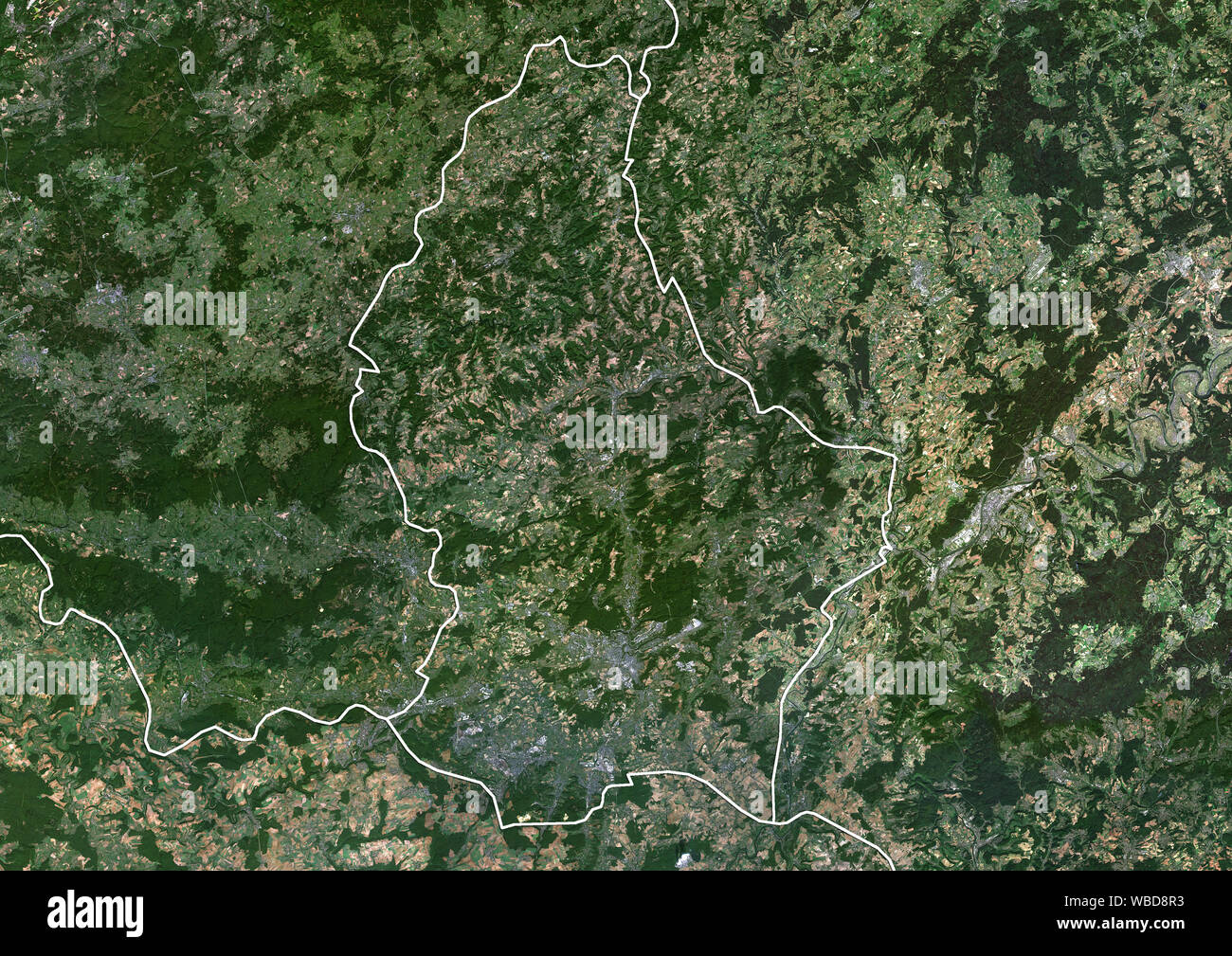 Color satellite image of Luxembourg (with administrative boundaries). This image was compiled from data acquired by Sentinel-2 satellites. Stock Photo