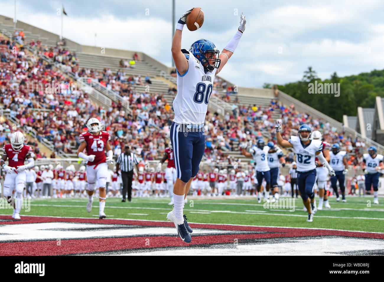 August 24, 2019: Villanova Wildcats wide receiver Andrew Perez (80) celebrates his touchdown against the Colgate Raiders during the first half of an NCAA football game on Saturday, Aug., 24, 2019 at Andy Kerr Stadium in Hamilton, New York. Rich Barnes/CSM Stock Photo