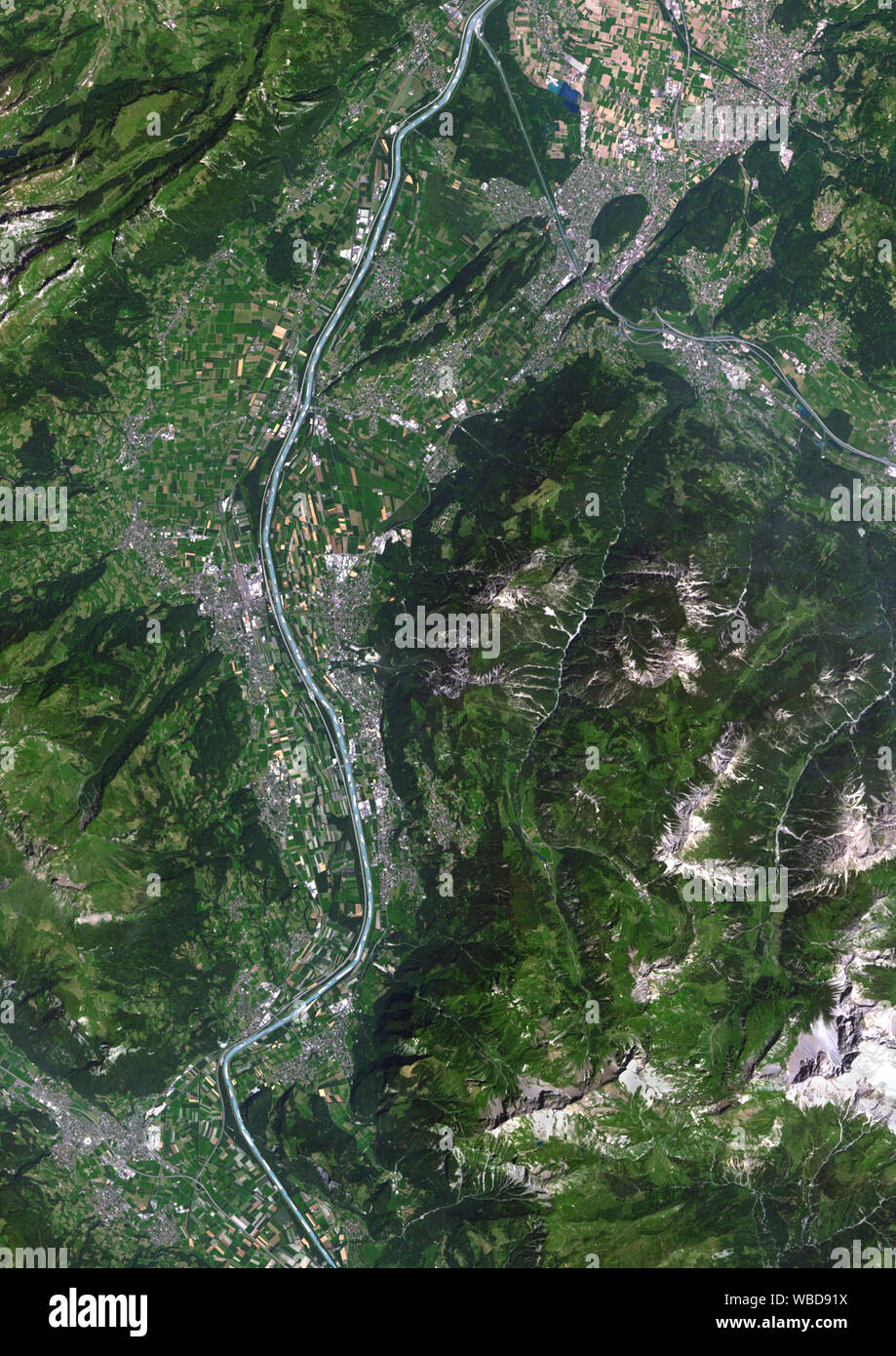 Color satellite image of Liechtenstein. This image was compiled from data acquired by Sentinel-2 satellites. Stock Photo
