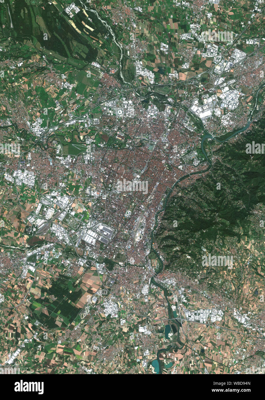 Color satellite image of Turin, Italy. Image collected on September 27, 2018 by Sentinel-2 satellites. Stock Photo