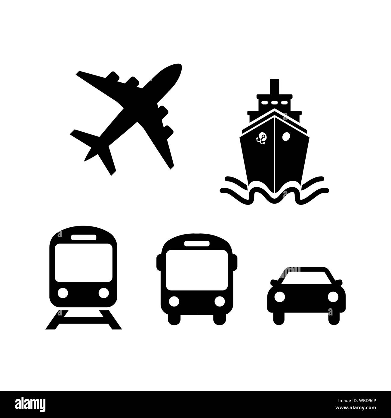 Transport icons. Airplane, Ship or Ferry, Train, Public bus, and auto symbols in flat style. Shipping delivery symbol isolated on white background. Ve Stock Vector