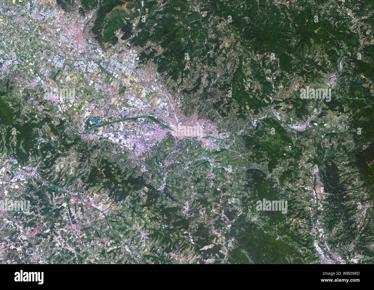 Color satellite image of Florence, Italy. Image collected on August 27, 2016 by Landsat 8 satellite. Stock Photo