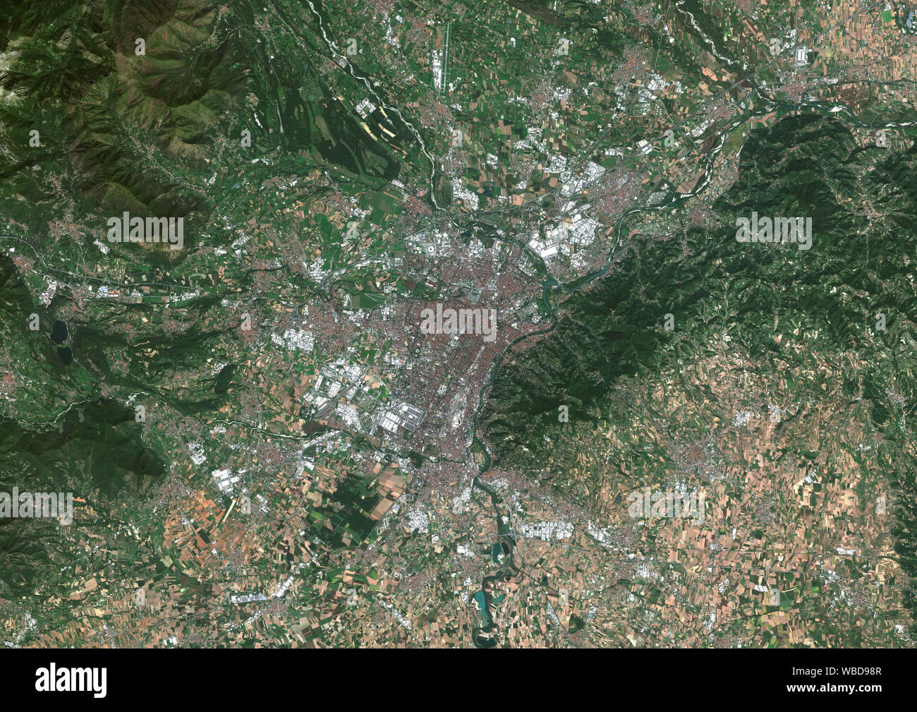 Color satellite image of Turin, Italy. Image collected on September 27, 2018 by Sentinel-2 satellites. Stock Photo