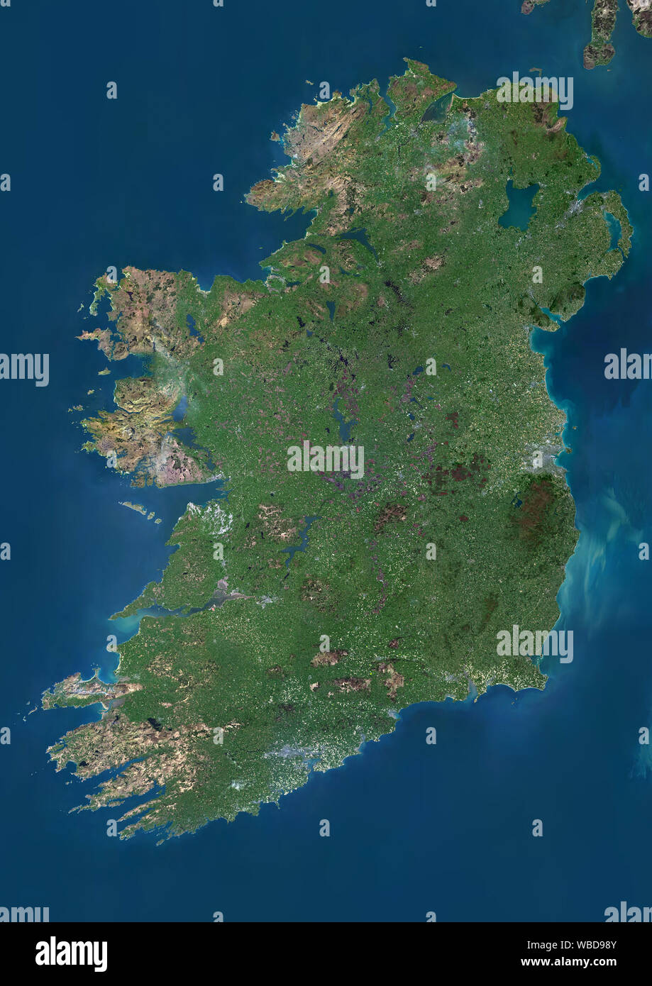 Color satellite image of Ireland. This image was compiled from data