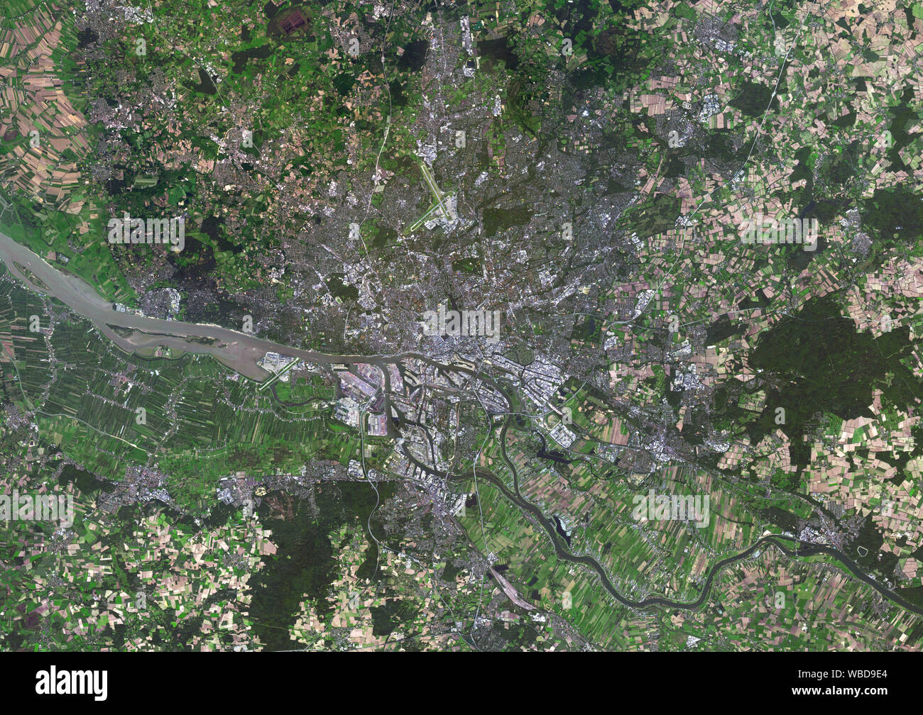 Color satellite image of Hamburg, Germany. Image collected on May 12, 2016 by Landsat 8 satellite. Stock Photo