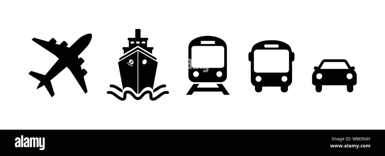 Transport icon set Airplane, Ship or Ferry, Train, Public bus, and auto symbols in flat style Shipping delivery symbol isolated on white background Ve Stock Vector