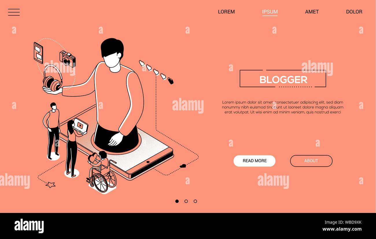 Blogging - line design style isometric web banner Stock Vector