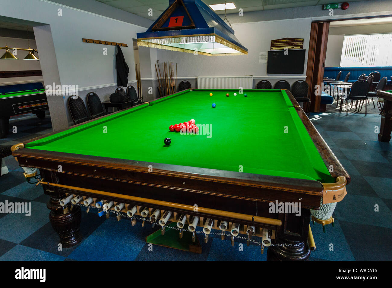 Snooker table with the balls set up ready to play at a club in Stockton on Tees,England,UK Stock Photo