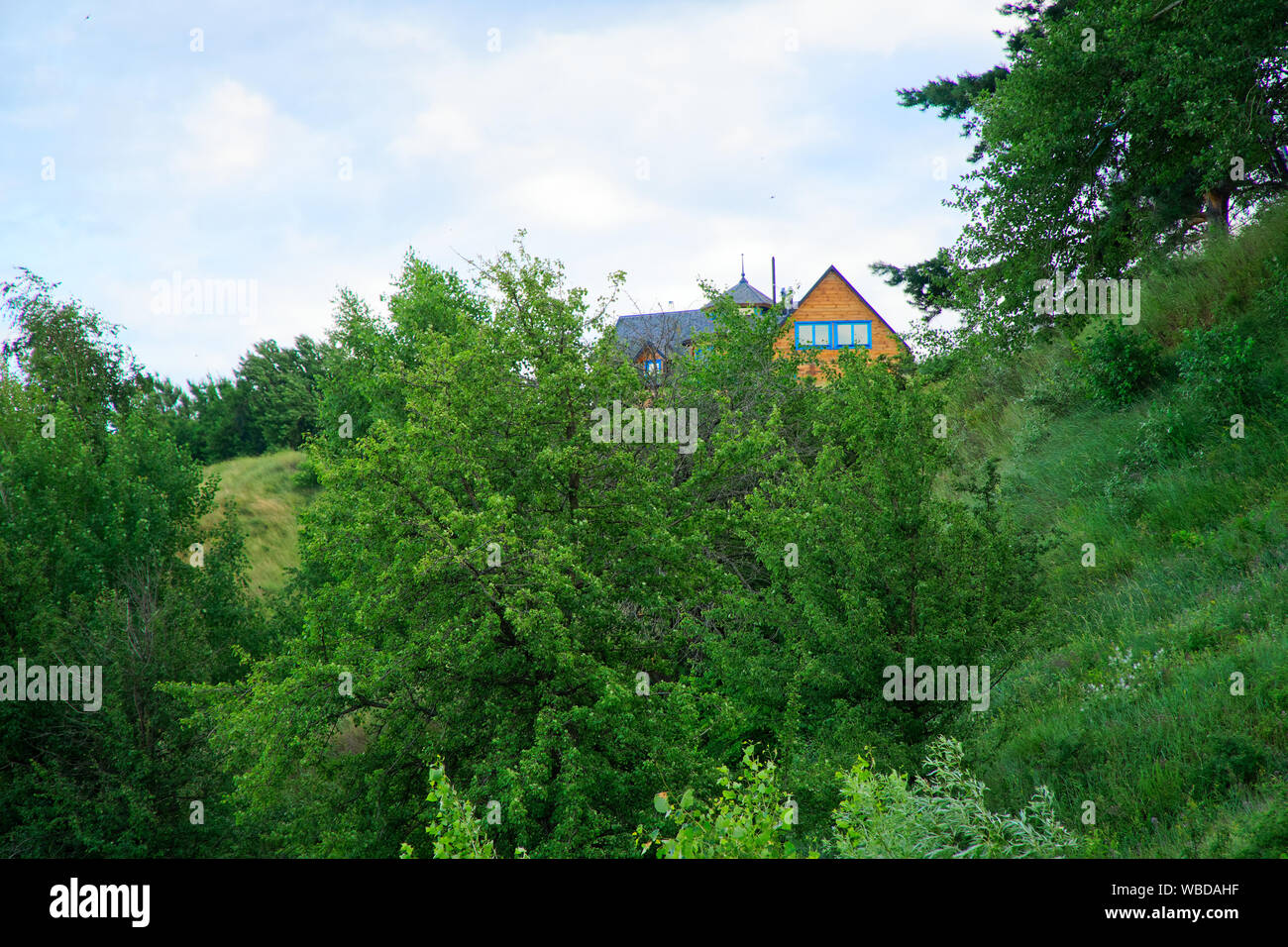 Wooden Cottage In The Valley Cozy House Cloudy Weather Stock