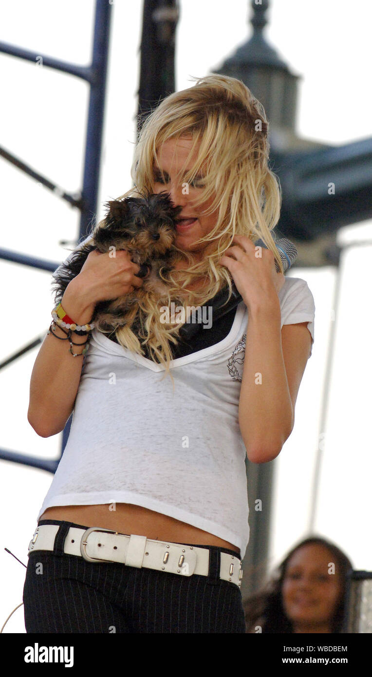 WEST PALM BEACH, FL - MAY 06, 2006: Ashlee Simpson with her new dog Hula rocks SunFest 2006. With her new dog, new blonde extensions, along with a brand new nose (Early on April 21, a source says, Ashlee, 21, arrived at the office of famed Beverly Hills plastic surgeon Dr. Raj Kanodia with her parents, Joe and Tina, for a nose job) It seems younger sis Ashlee's recent nose job makes her look more like her big sis, Jessica. It's the latest move in a makeover that's seen Ashlee go from dark-haired, ratty rocker to sophisticated blonde. Apparently not everyone is happy with Ashlee's new look. I Stock Photo