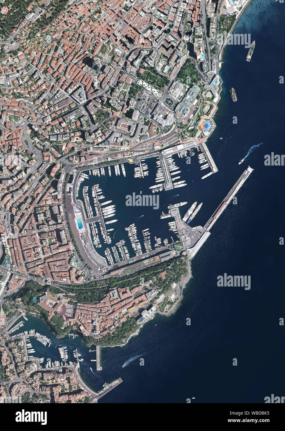 Aerial photography of Monaco City and Port Hercules. Image taken in 2017. Stock Photo