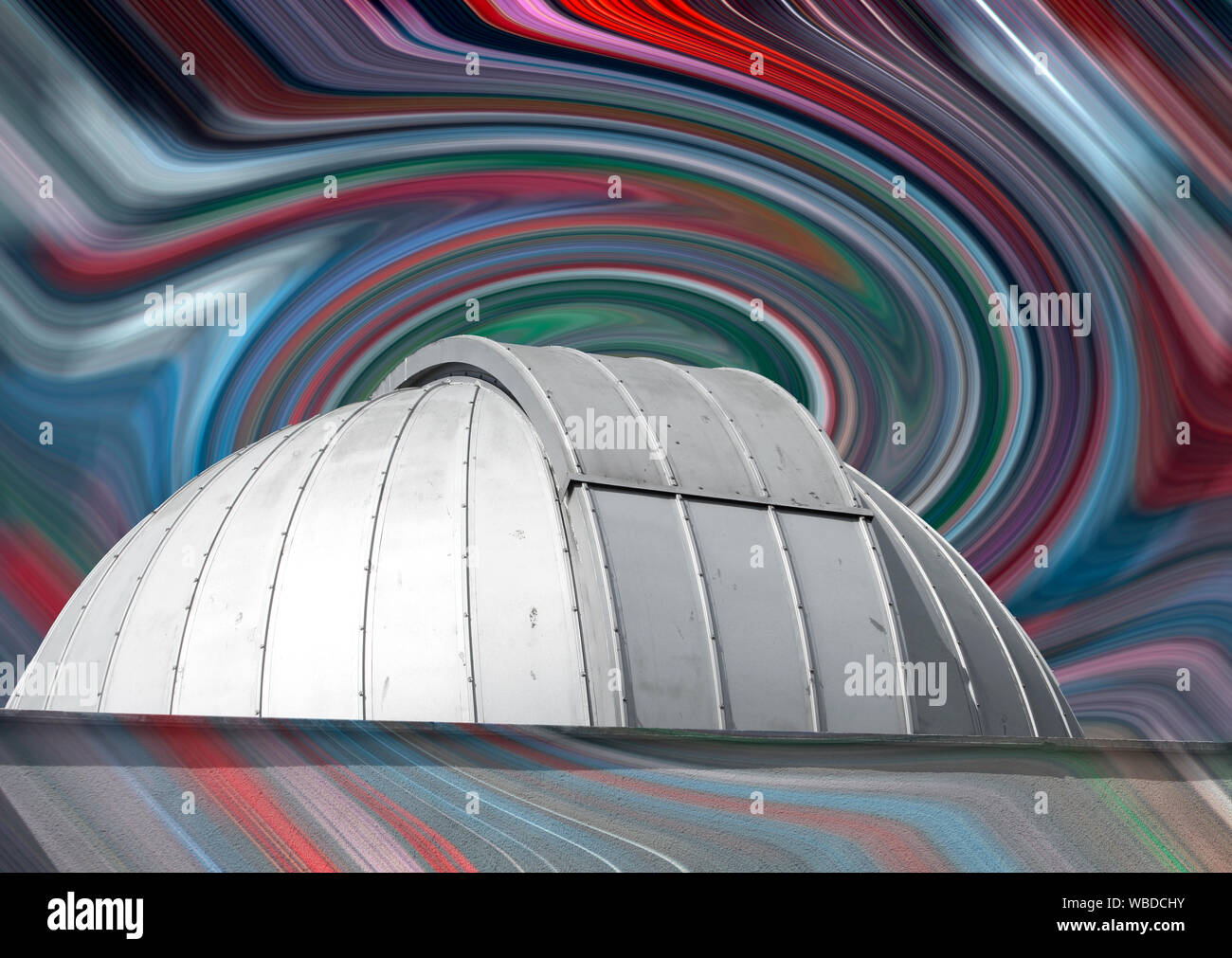 Either for astrology or astronomy: A classical observatory dome under fantastic time-space wrap sky. Stock Photo
