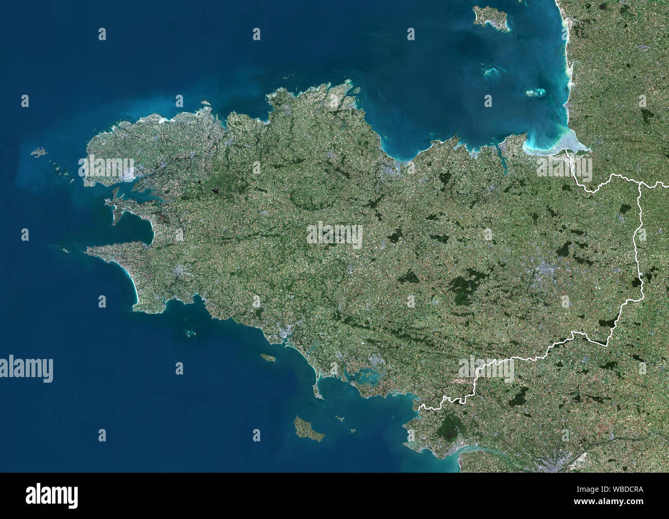 Color satellite image of the Region Brittany, France (with administrative boundaries). This image was compiled from data acquired in 2018 by Sentinel-2 satellites. Stock Photo