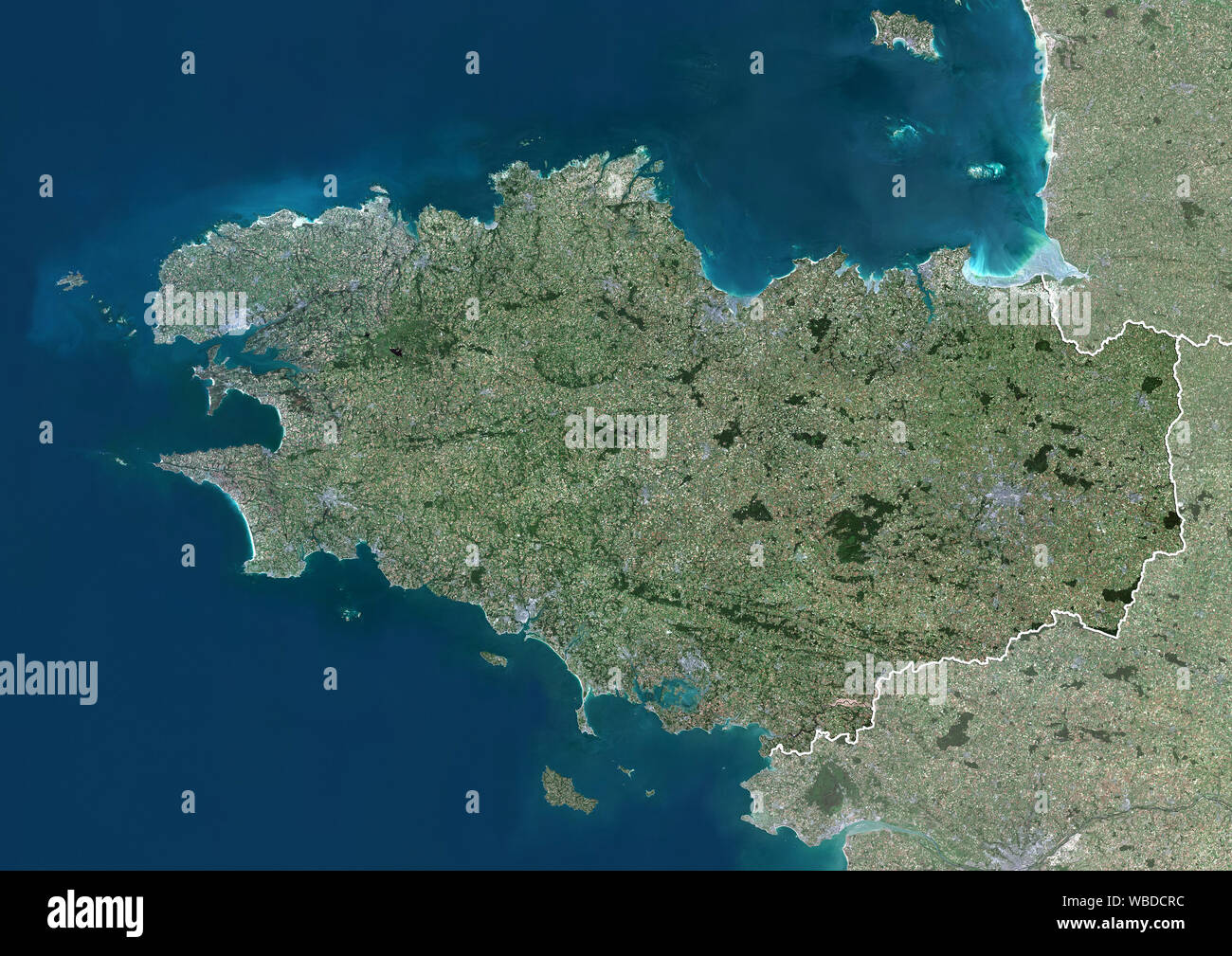 Color satellite image of the Region Brittany, France (with administrative boundaries). This image was compiled from data acquired in 2018 by Sentinel-2 satellites. Stock Photo