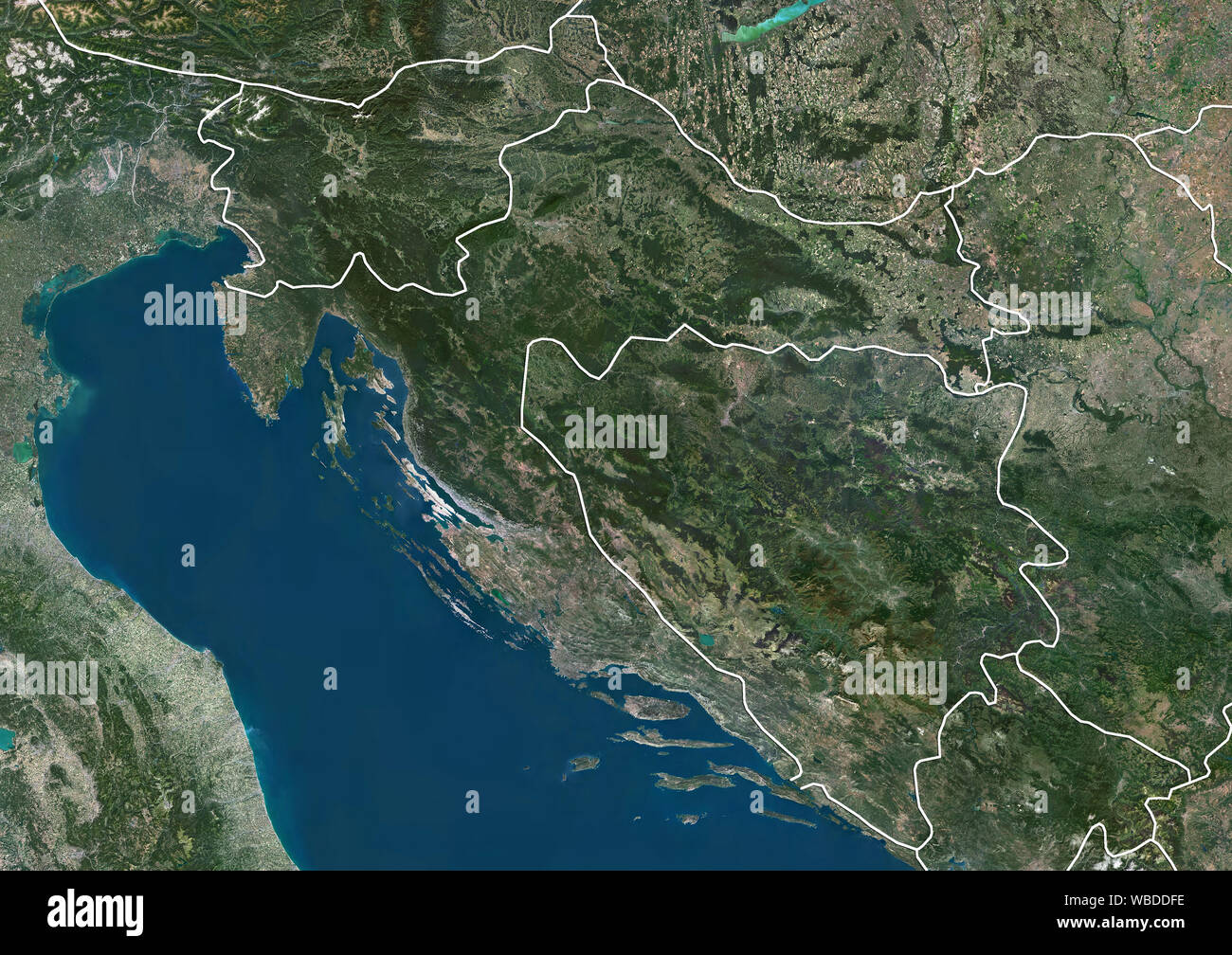 Color satellite image of Slovania, Croatia and Bosnia and Herzegovina (with administrative boundaries). This image was compiled from data acquired by Sentinel-2 & Landsat 8 satellites. Stock Photo