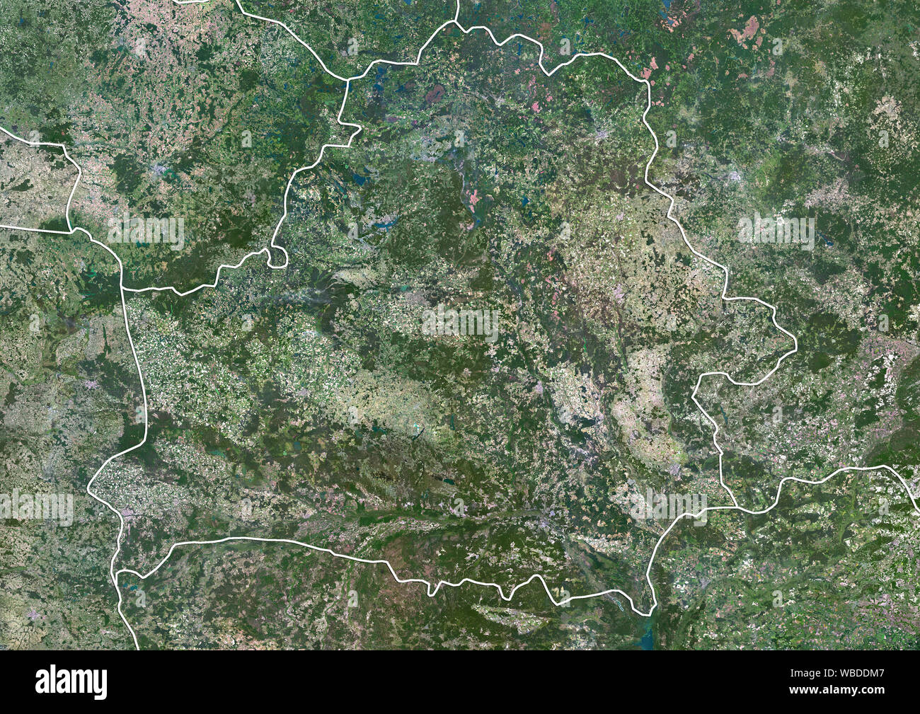Color satellite image of Belarus (with administrative boundaries). This image was compiled from data acquired by Sentinel-2 & Landsat 8 satellites. Stock Photo
