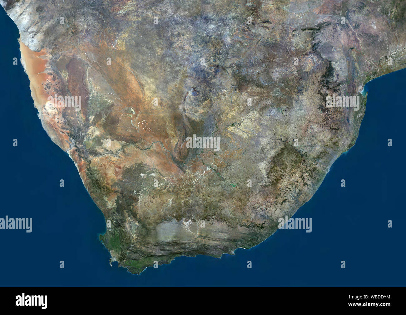 Color satellite image of Southern Africa showing South Africa, Lesotho and Swaziland. This image was compiled from data acquired by Sentinel-2 & Landsat 8 satellites. Stock Photo