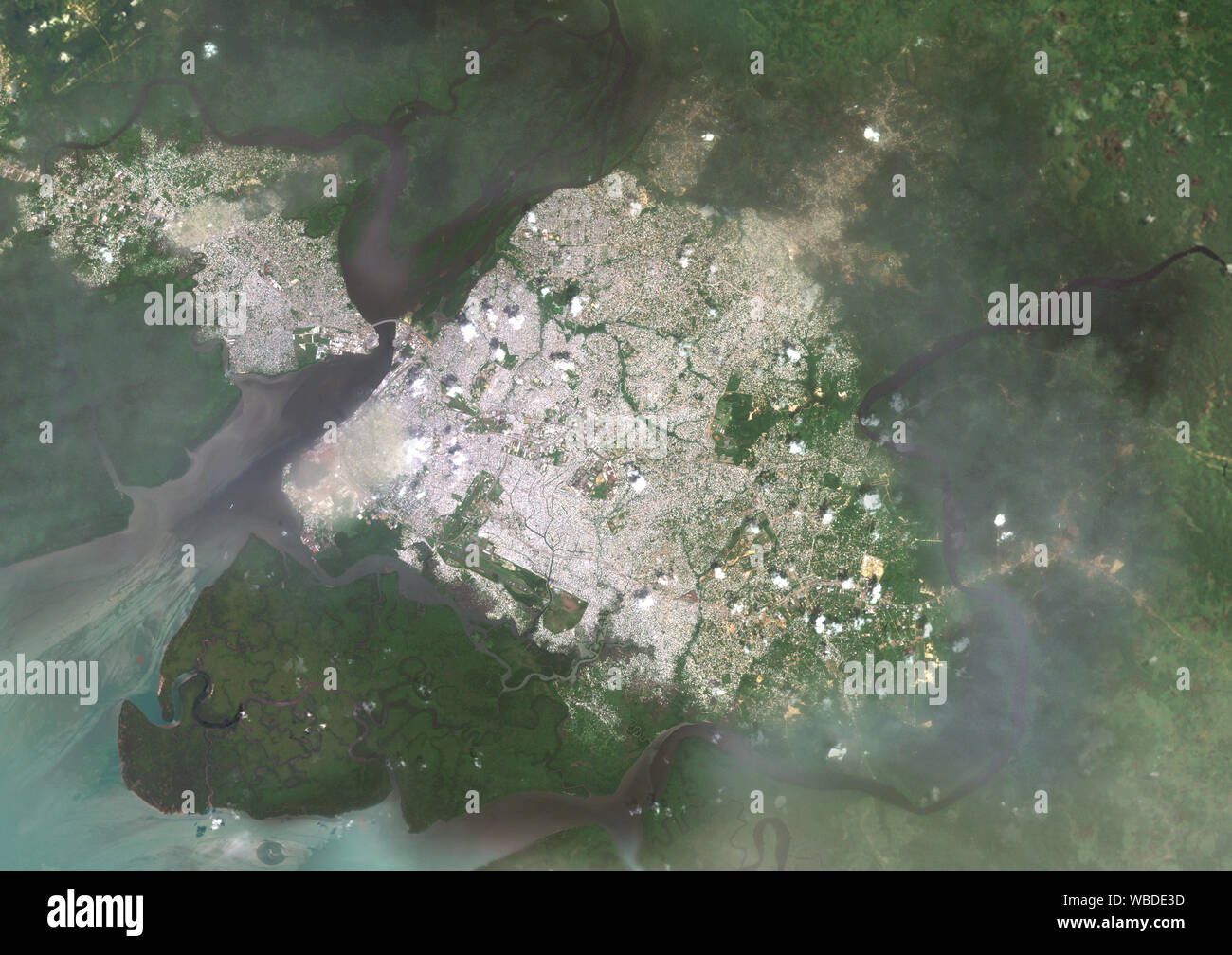 Color satellite image of Douala, Cameroon. Image collected on November 13, 2017 by Sentinel-2 satellites. Stock Photo