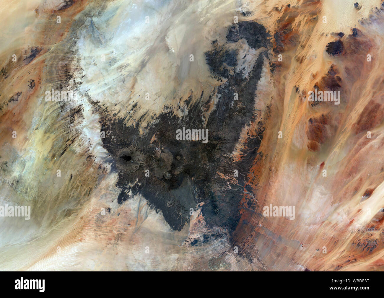 Color satellite image of the Tibesti Mountains that stretch over Chad and Libya. Image collected on October 31, 2017 by Sentinel-2 satellites. Stock Photo