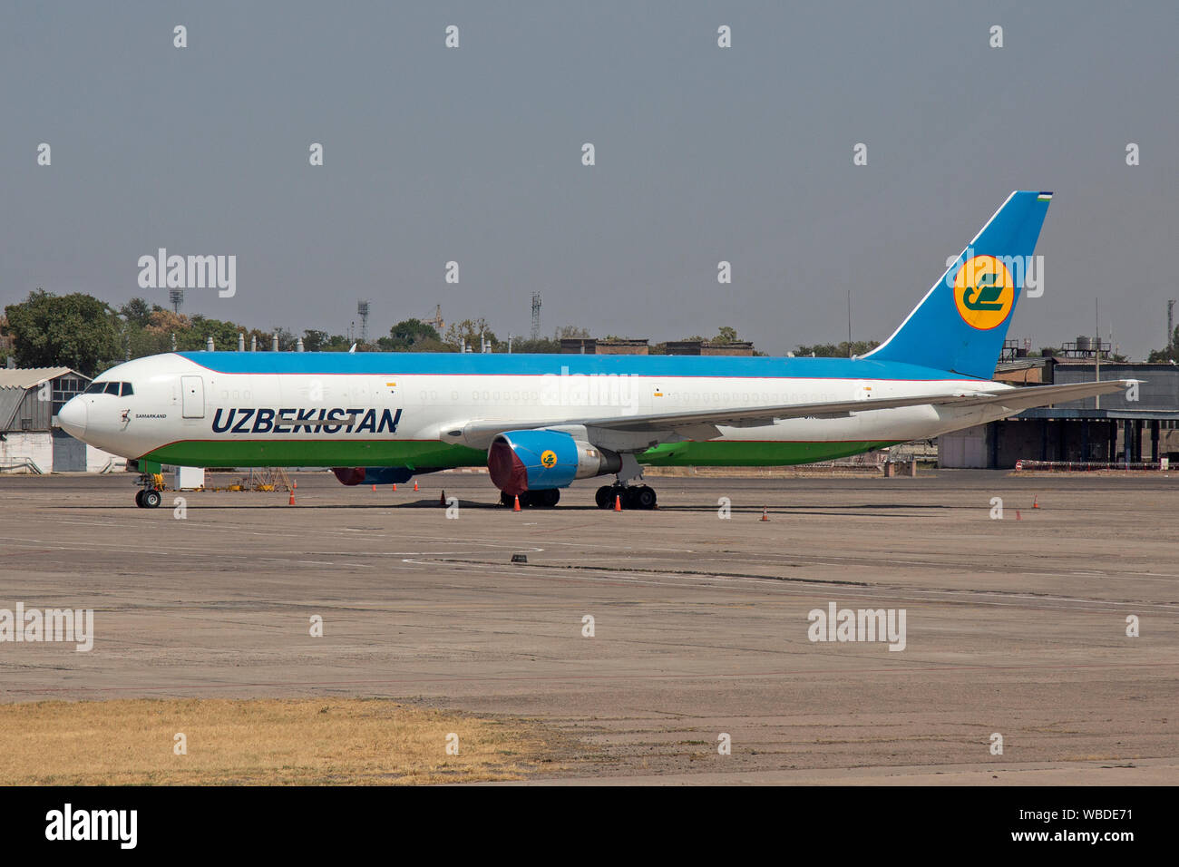 A Beoing 767 belonging to Uzbekistan Airways, at Tashkent Airport in Uzbekistan. Stock Photo