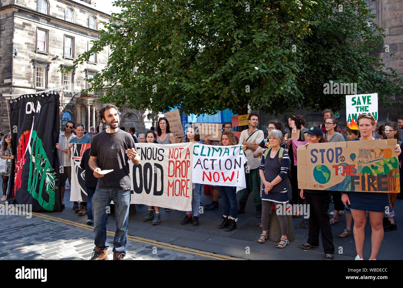 Edinburgh, Scotland, UK. 26th Aug, 2019. Approximately fifty demonstrators assembled peacefully in the High Street outside St Giles Cathedral to demonstrate against the the UK Governments 'criminal inaction on the climate and ecological crisis' the group classed it as a Non Violent Extinction Rebellion. They were accompanied by a minimum of twenty uniformed Police Officers. They claim they are protesting to persuade the government to take emergency action on the Climate and Ecological crisis. Stock Photo