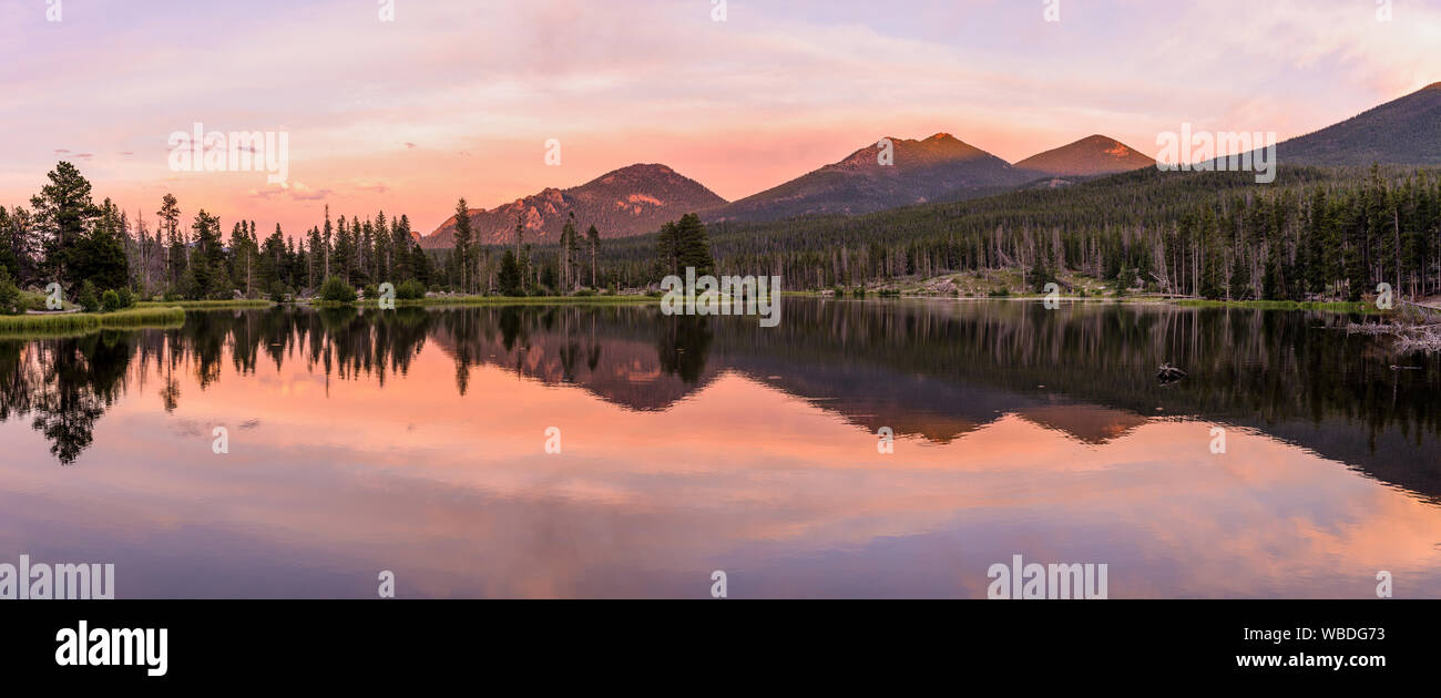 Sprague Lake - A colorful Summer evening at scenic Sprague Lake, Rocky Mountain National Park, Colorado, USA. Stock Photo