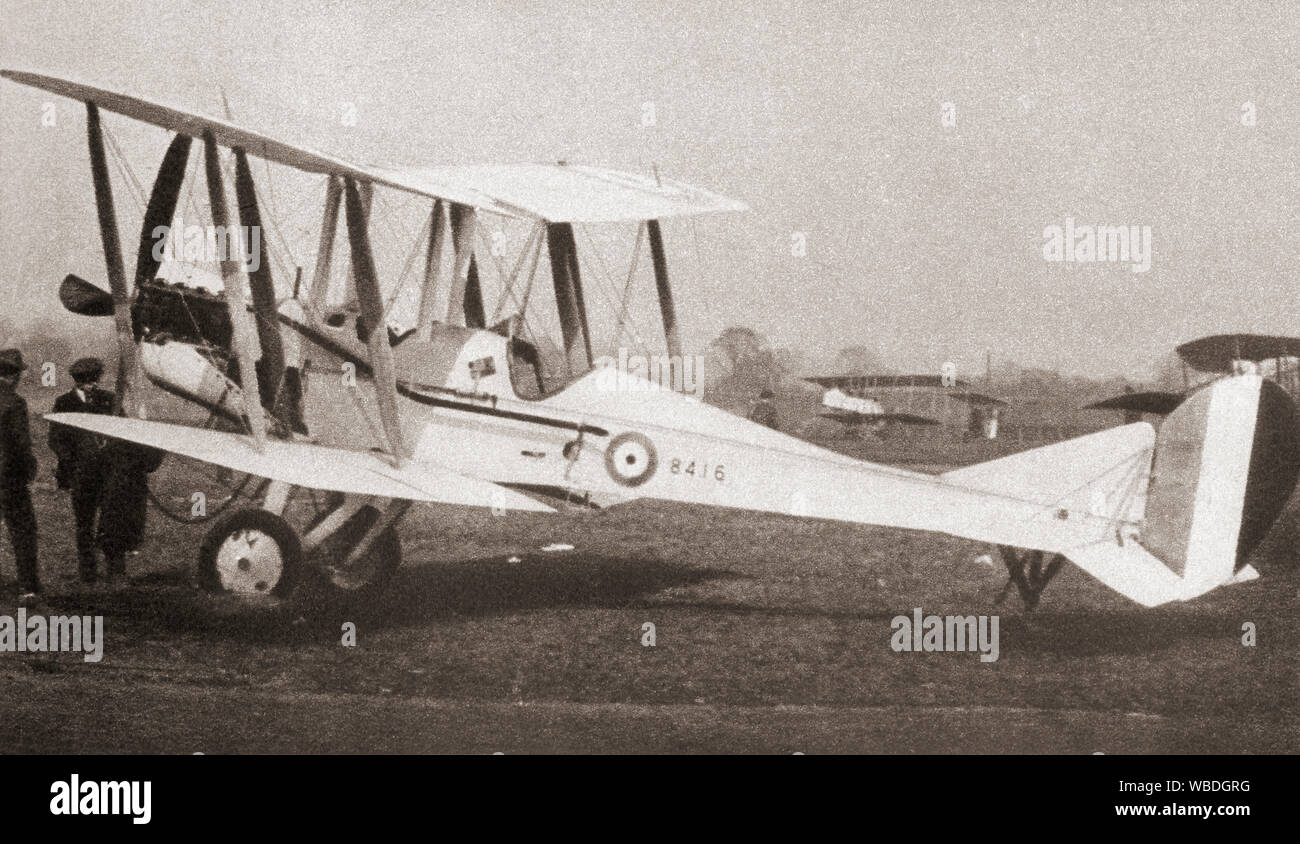 The Royal Aircraft Factory B.E.2.  British single-engine tractor two-seat biplane, in service with the Royal Flying Corps (RFC) from 1912 until the end of World War I.  From The Pageant of the Century, published 1934. Stock Photo