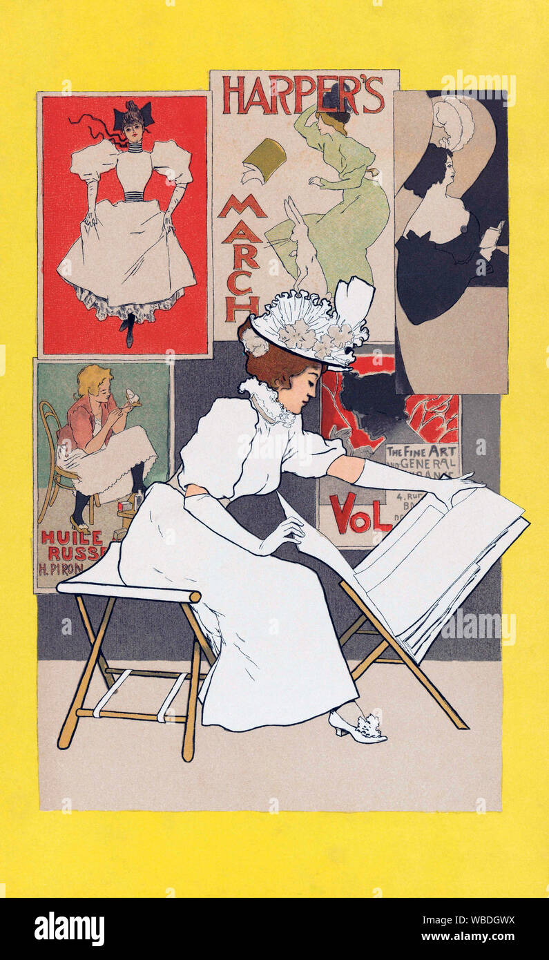 A poster from 1897 showing a woman looking at prints in an art shop.   By Belgian graphic artist Armand Rassenfosse, 1862-1934. Stock Photo