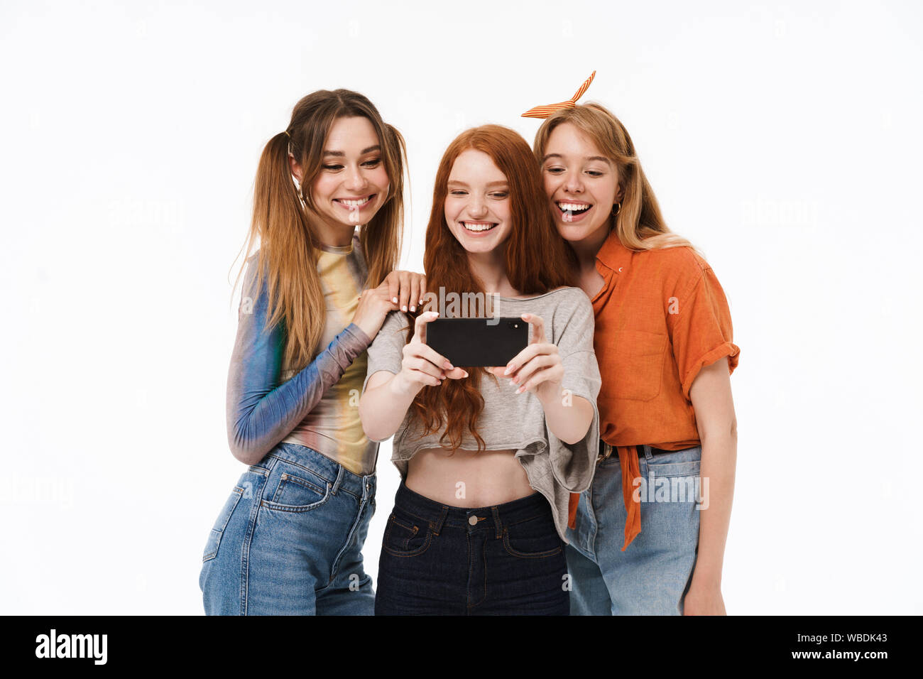 Three Girls Posing Smartphone Selfie Stock Photos Three Girls
