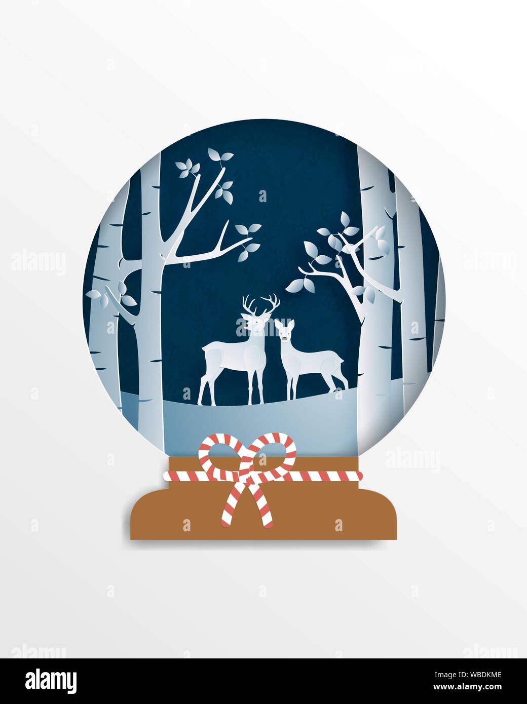 Deer Couple In Forest In Paper Cut Style Winter Landscape With