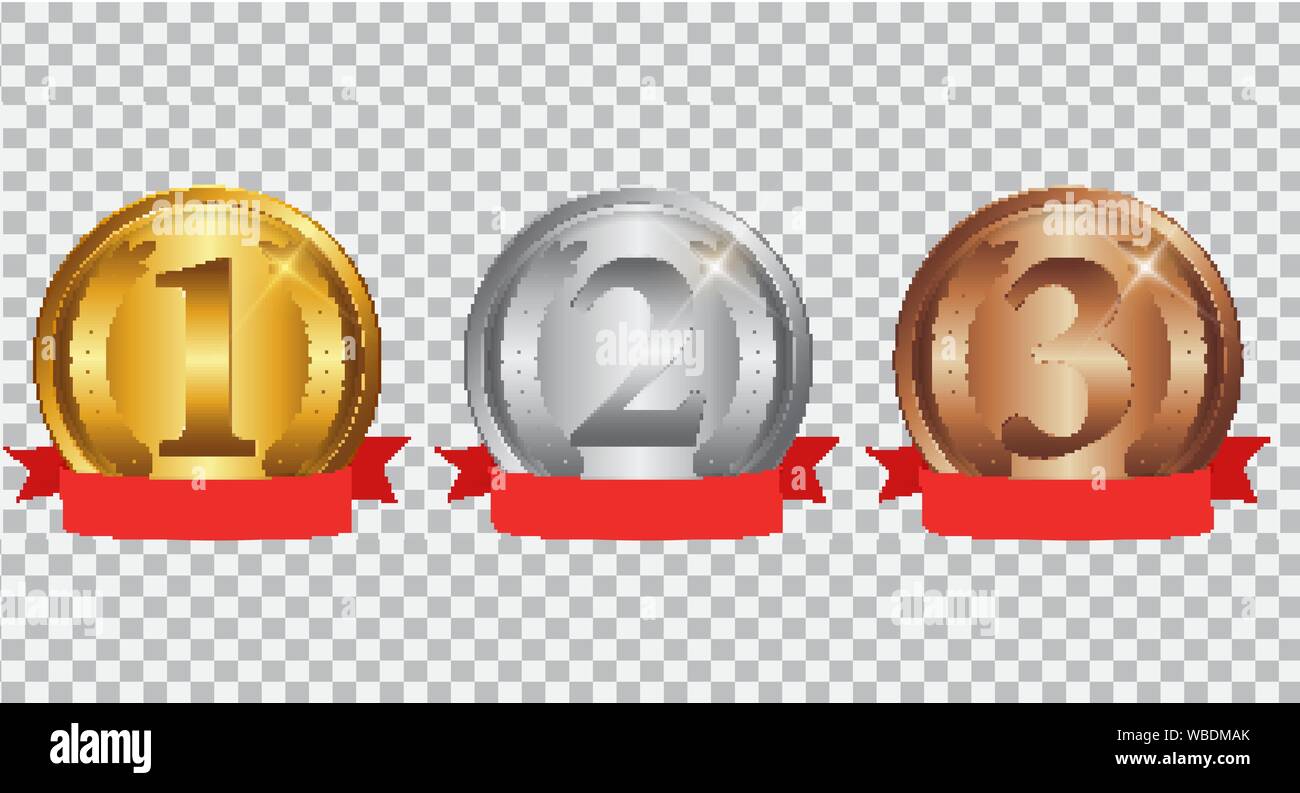 Champion Gold, Silver and Bronze Medal with Red Ribbon. Icon Sign of ...