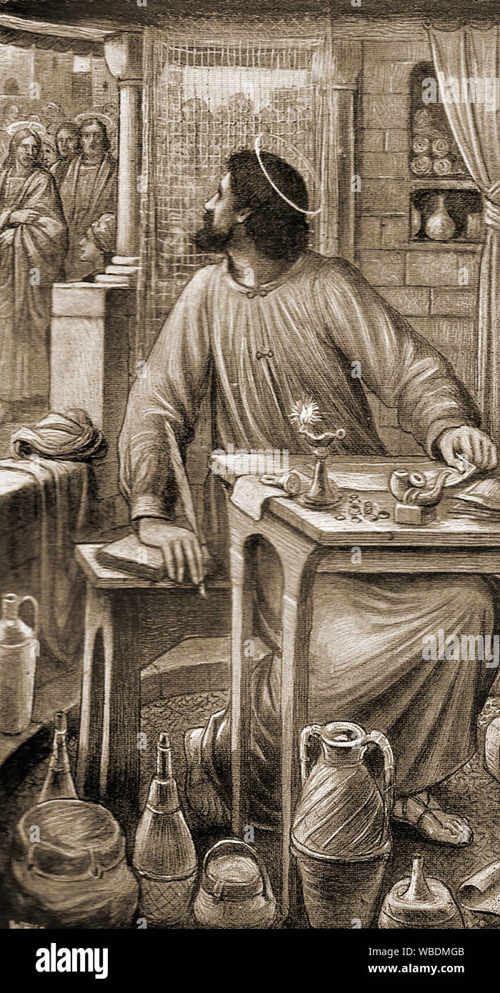 Perioperativ periode sig selv modvirke A vintage religious portrait of St Matthew (Levi) , tax collector,  publican?, apostle, disciple, evangelist & Martyr at work at the 'receipt  of custom' and looking over his shoulder to see Jesus