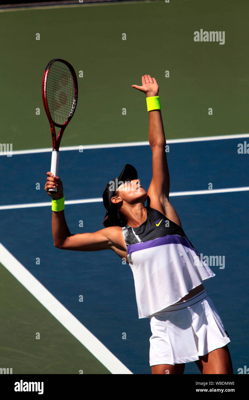 New York, USA. 26th Aug, 2019. Flushing Meadows, New York, USA. August 26, 2019.   Caroline Garcia, of France, the number 27 seed in action against Ons Jabeur of Tunisia in first round action at the US Open. Garcia lost the match in straight sets. Credit: Adam Stoltman/Alamy Live News Credit: Adam Stoltman/Alamy Live News Stock Photo