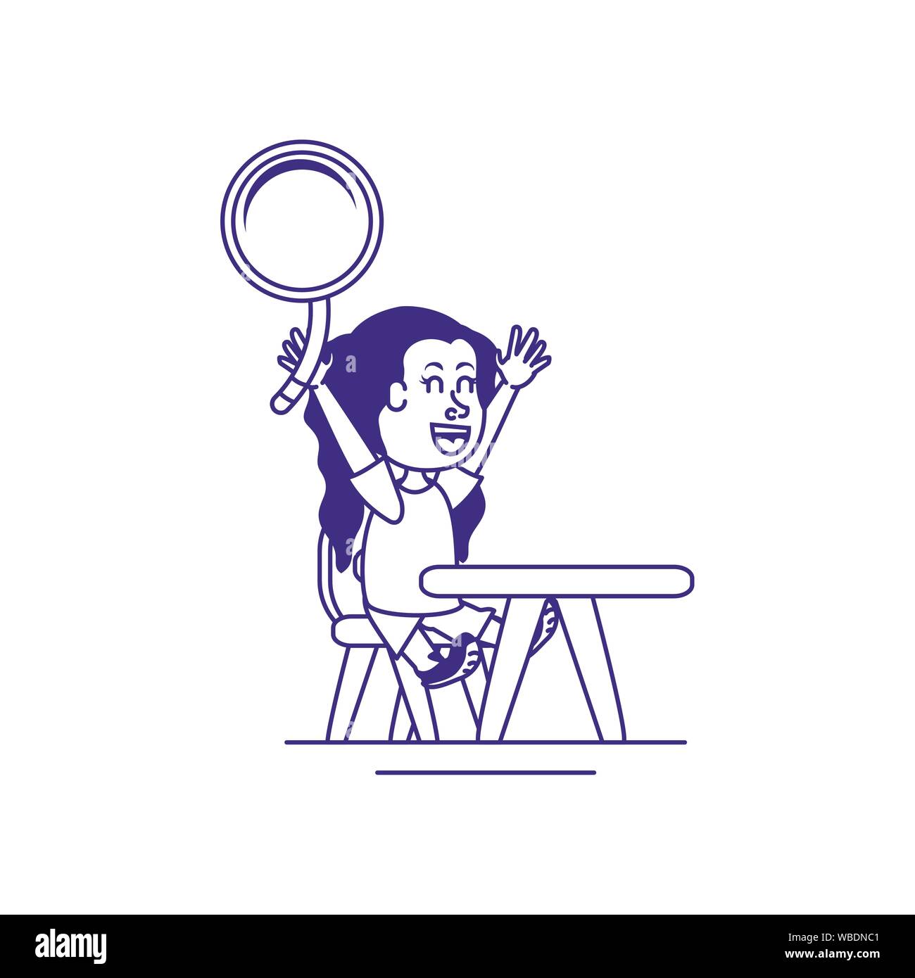 Little Student Girl With Magnifying Glass In School Desk Vector