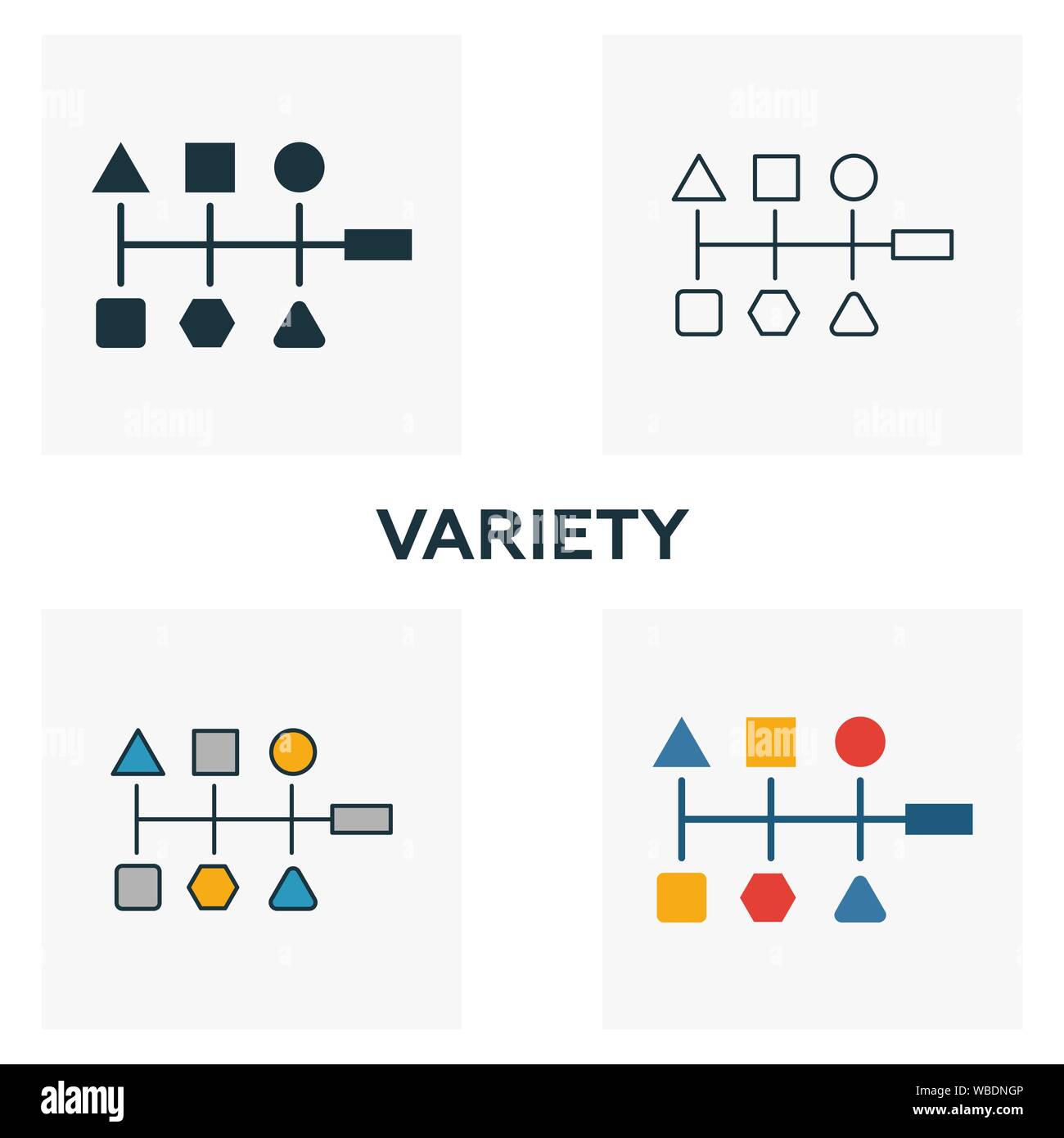 Variety icon set. Four elements in diferent styles from big data icons collection. Creative variety icons filled, outline, colored and flat symbols Stock Vector