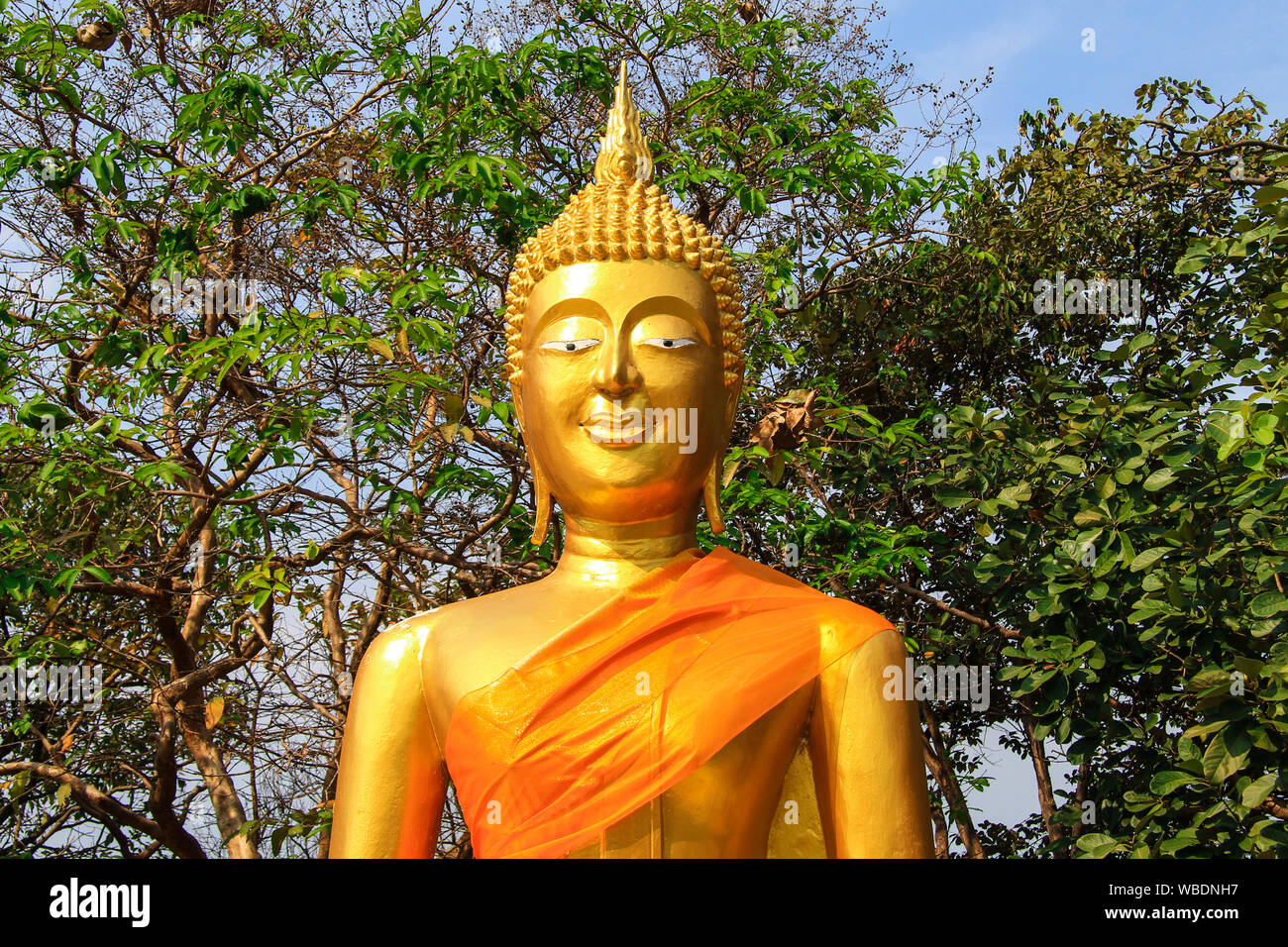 Head of the Golden Buddha in a Thai Buddhist temple, a religious symbol in Thailand, Asia, Asian religion and culture. Stock Photo