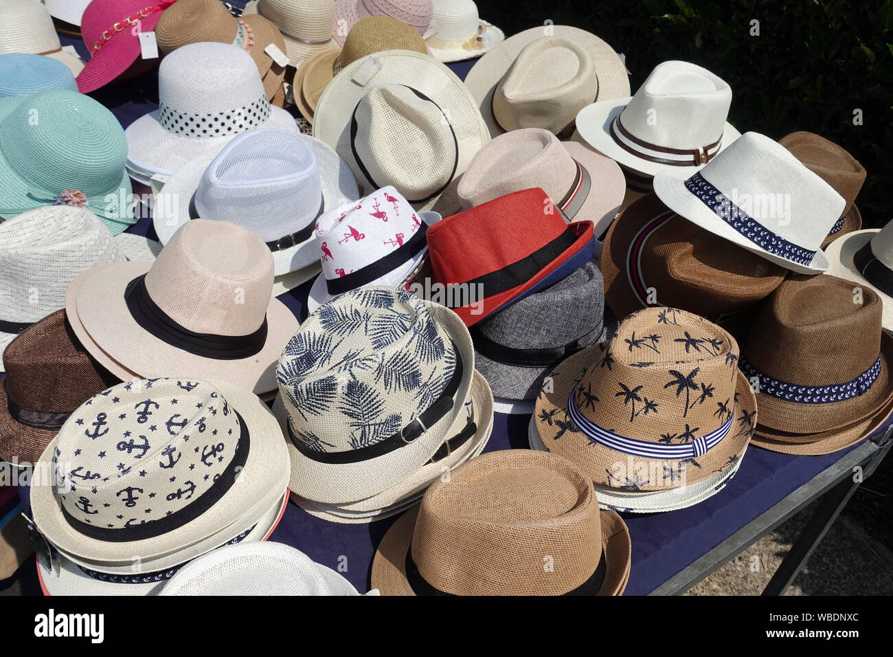 Hats for sale on a market Stock Photo
