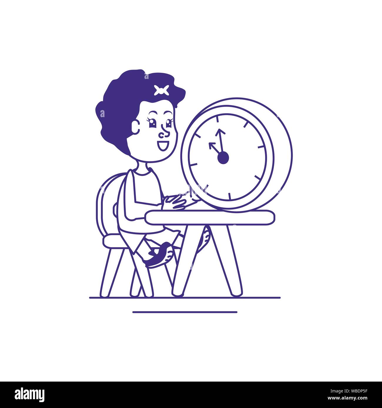 little student girl in school desk with clock vector illustration ...