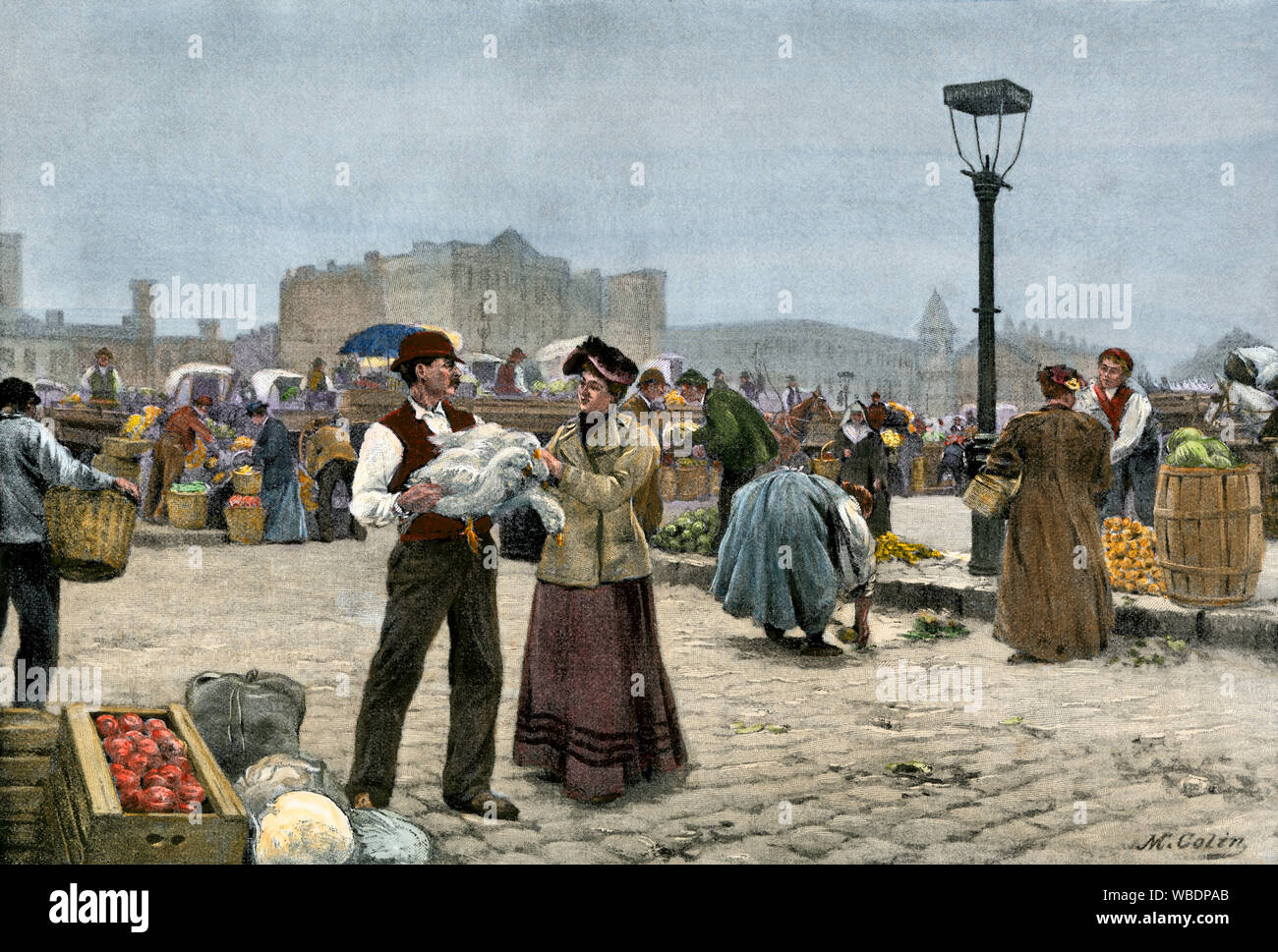 Shoppers and farmers at Gansevoort Market in New York City, 1890s. Hand-colored halftone Stock Photo