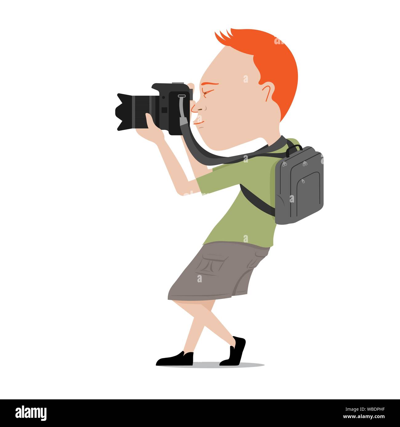 Character cartoon of male photographer carry bag in pose of shooting