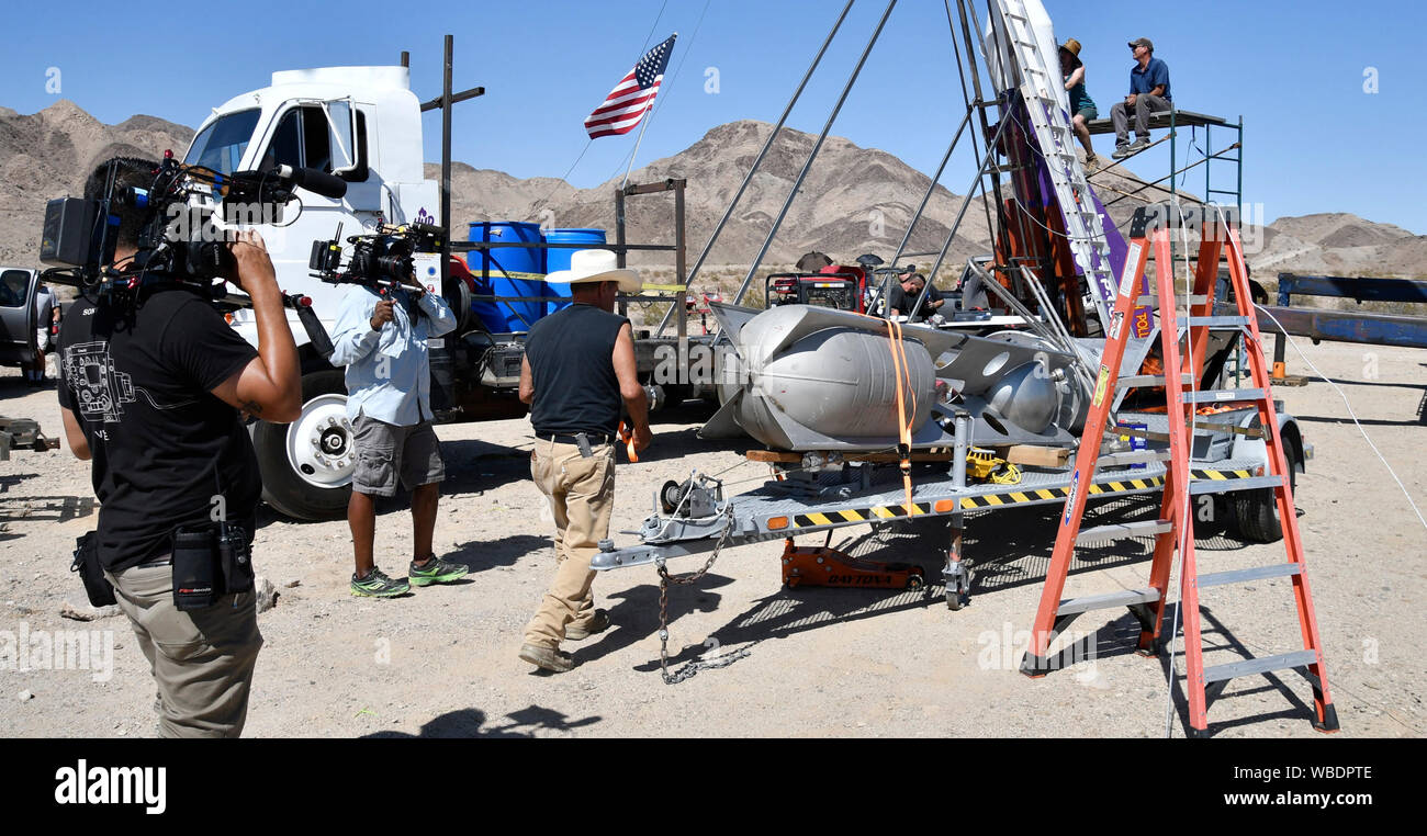Mad Mike Hughes displays his next project in 3-4 years of going up to 65,000 feet. After a long month of launch attempts in August in 100 degree heat  ''Mad'' Mike'' Hughes and crew dealt with a 5th launch scrub Sunday, Amboy CA. Aug 25,2019. .They will take the rocket back to the hanger and do repairs as this part of the Science Channel for the upcoming new series ''Homemade Astronauts.'' to air in 2020. Hughes is aiming for a greater height of 5,000 feet and will try again in a few weeks depending on repairs? (Credit Image: © Gene Blevins/ZUMA Wire) Stock Photo