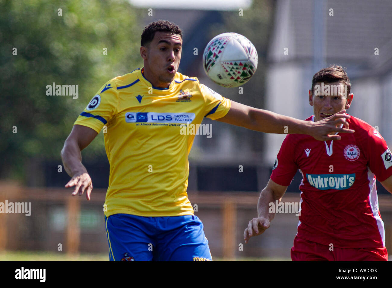 Theo Wharton of Barry Town in action. Barry Town United v Bala Town JD Cymru Premier match at Jenner Park on the 26th August 2019. Lewis Mitchell/YCPD Stock Photo