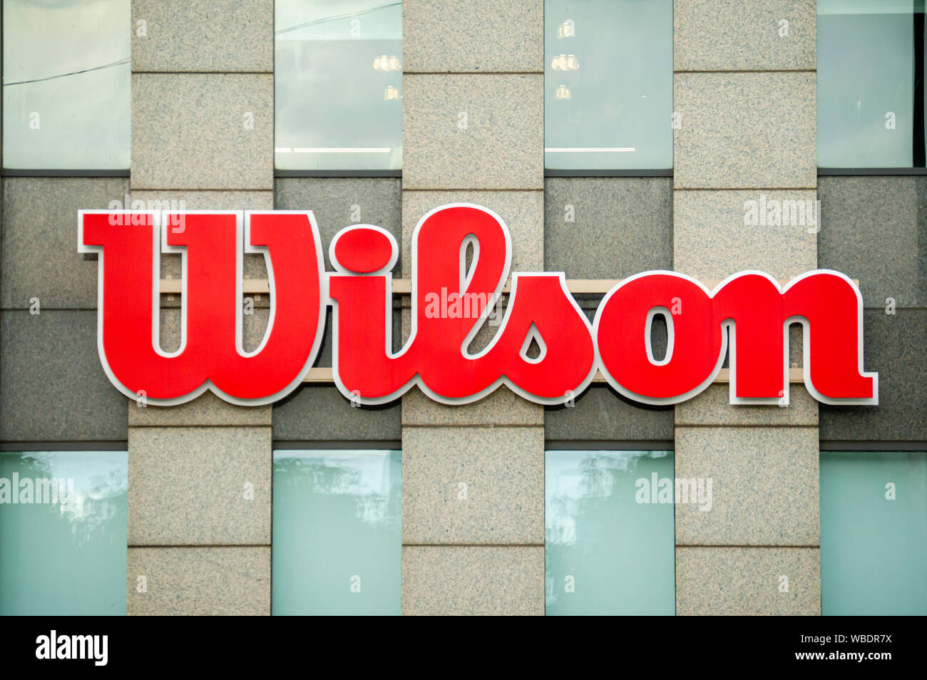 Chicago, Illinois-August 16, 2019: Wilson Sporting Goods Company exterior building sign. Stock Photo