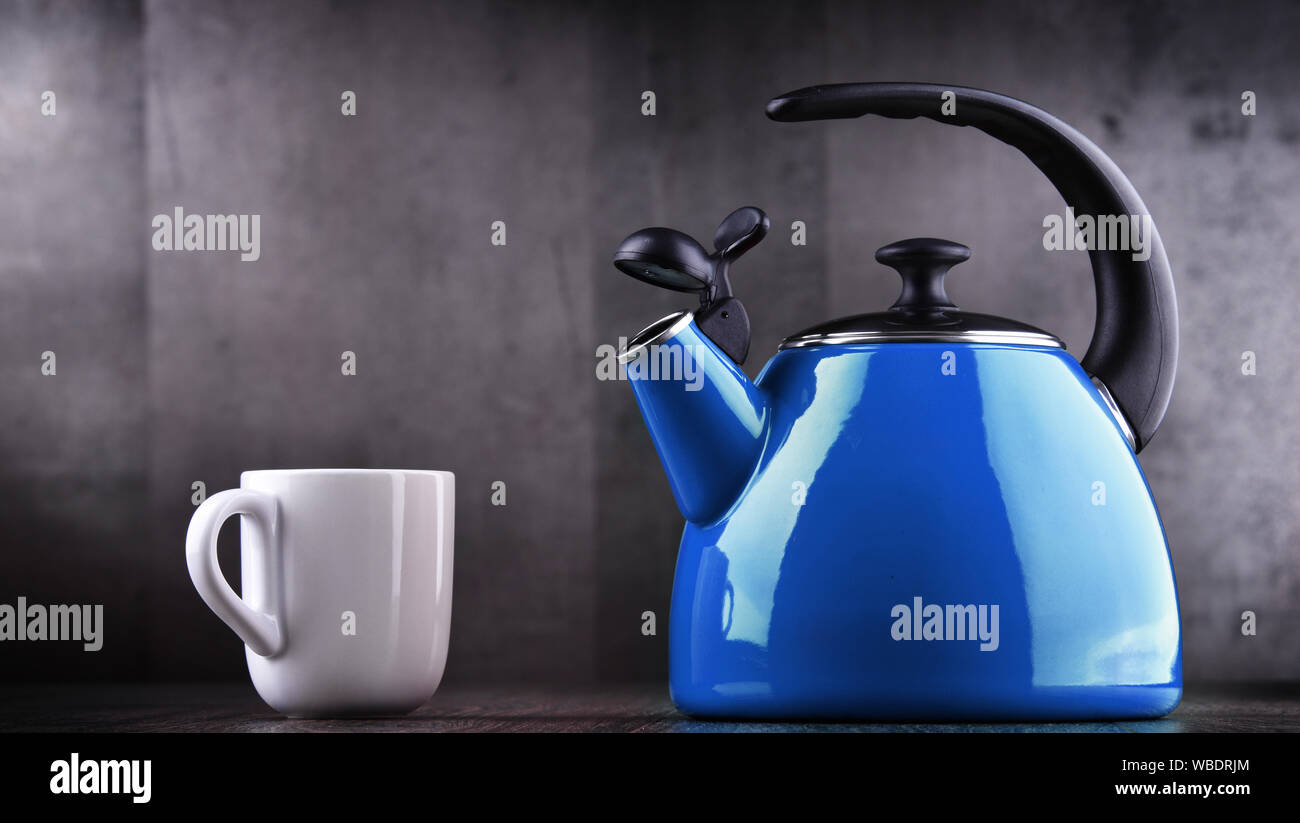 Traditional stainless steel stovetop kettle with whistle of two litres