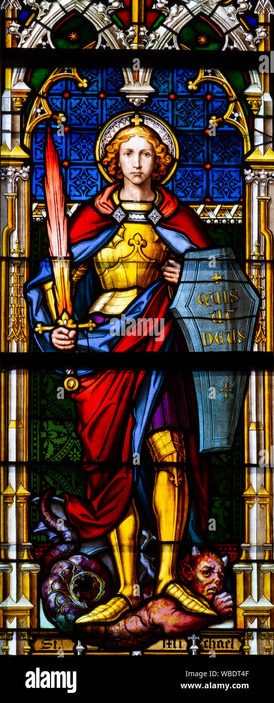 Stained glass window depicting Saint Michael the Archangel in the Cathedral of St Elisabeth (Dom Svatej Alzbety). Stock Photo