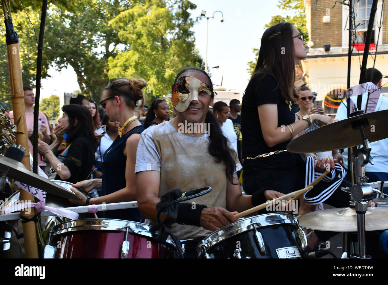 London, UK . 26th Aug, 2019. Thousands attend the first day of the Notting Hill Carnival in west London on August 26, 2019. Nearly one million people are expected by the organizers regradless of the wet weather Sunday and Monday in the streets of west London's Notting Hill to celebrate Caribbean culture at a carnival considered the largest street demonstration in Europe, London, UK. Credit: Picture Capital/Alamy Live News Stock Photo