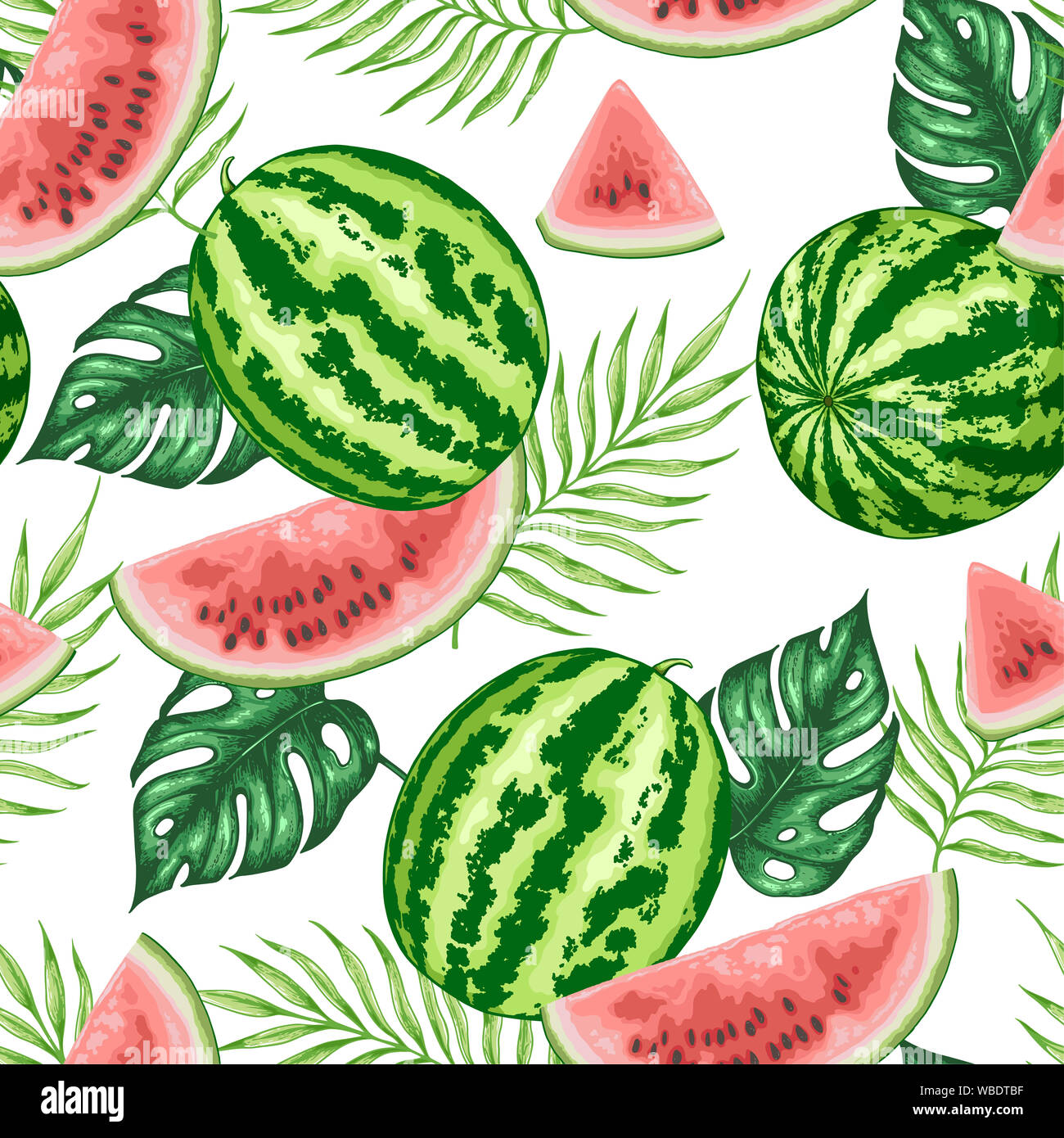 Summer tropical seamless pattern with sweet juicy watermelon and palm ...
