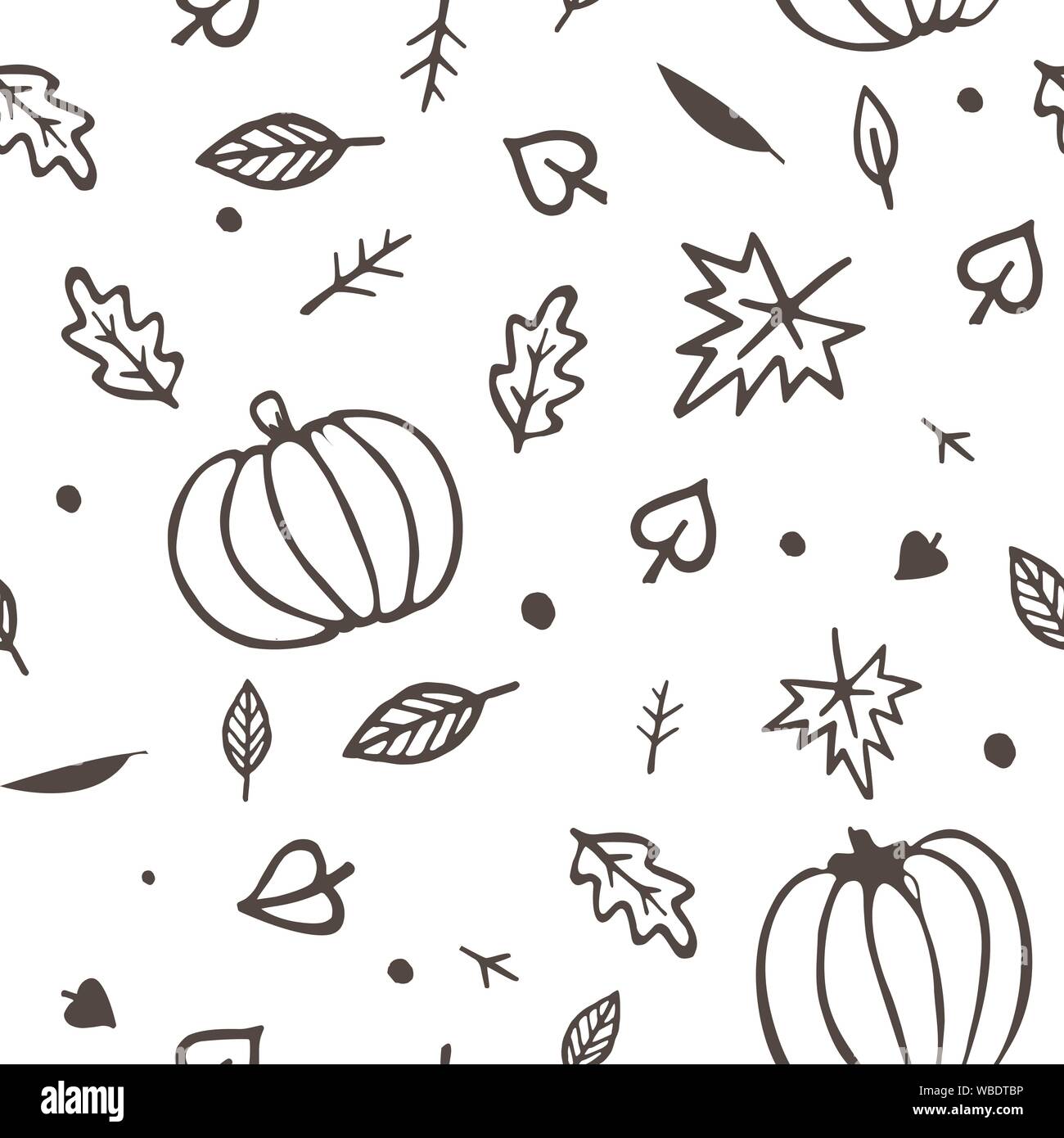 Autumn seamless pattern yellow and green fall leaves and pumpkins. Vector ornament isolated on white background. Stock Vector