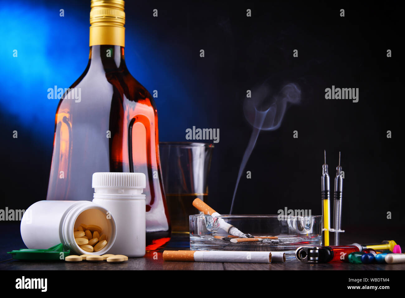 Addictive substances, including alcohol, cigarettes and drugs Stock Photo