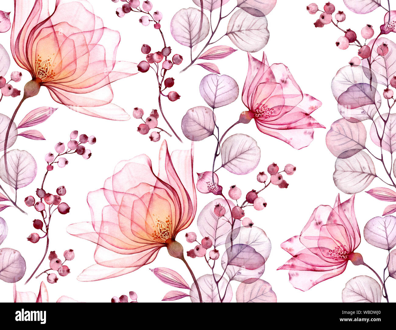 Transparent rose watercolor seamless pattern. Hand drawn floral illustration with pink berries for wedding design, surface, textile, wallpaper Stock Photo